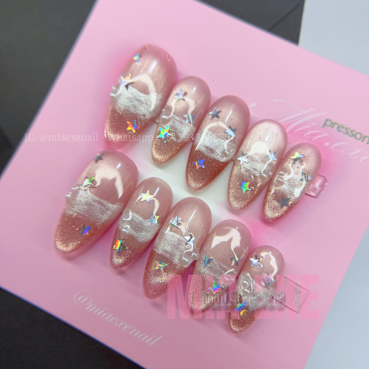 Press on Nails | Pink Cat Eye with Holographic Star Sparkles, Daily Nail Style, Almond Shape, Medium Length Luxury Handmade Fake Nails