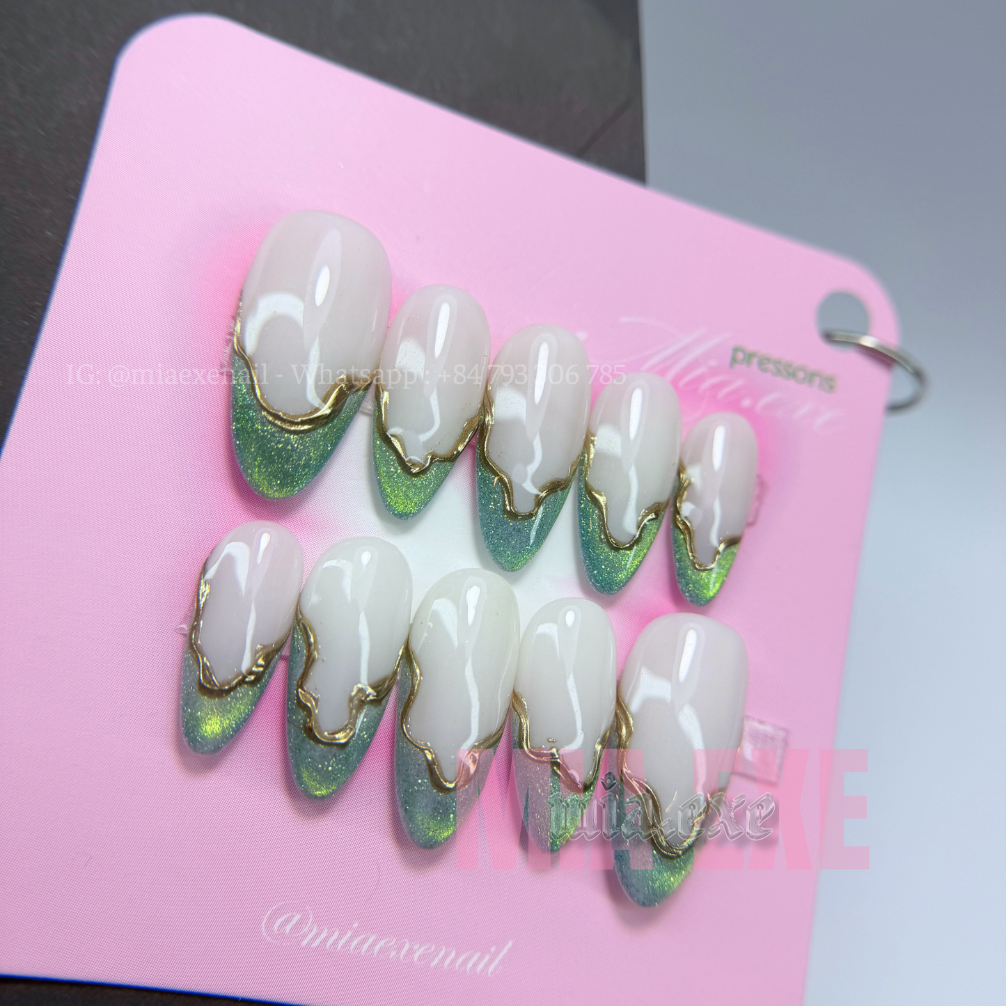 Press on Nails | Sage Green Cat Eye French with Gold Swirl Lines, Daily Nail Style, Almond Shape, Medium Length Luxury Handmade Fake Nails