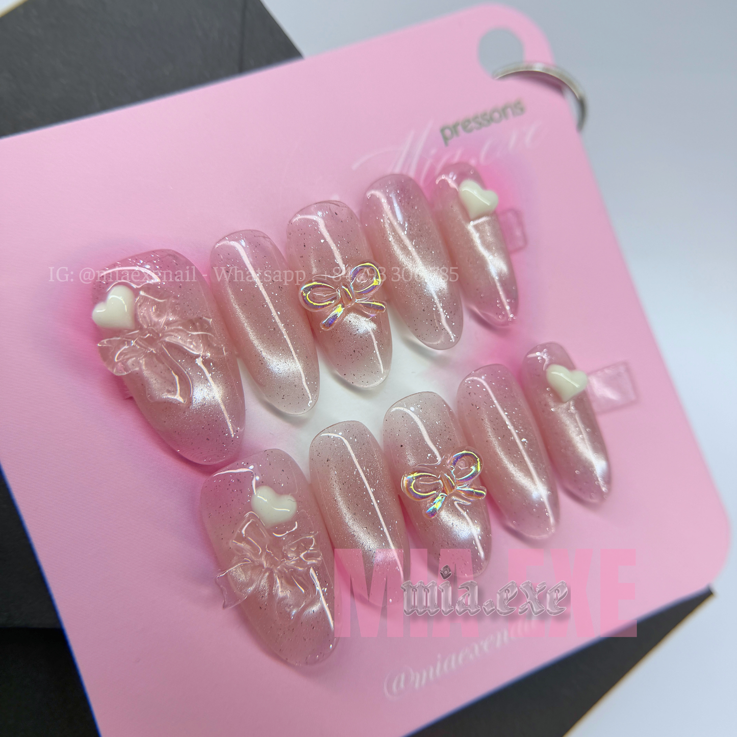 Press on Nails | Pink Cat Eye with 3D Bow & Heart Charms, Daily Nail Style, Almond Shape, Medium Length Luxury Handmade Fake Nails