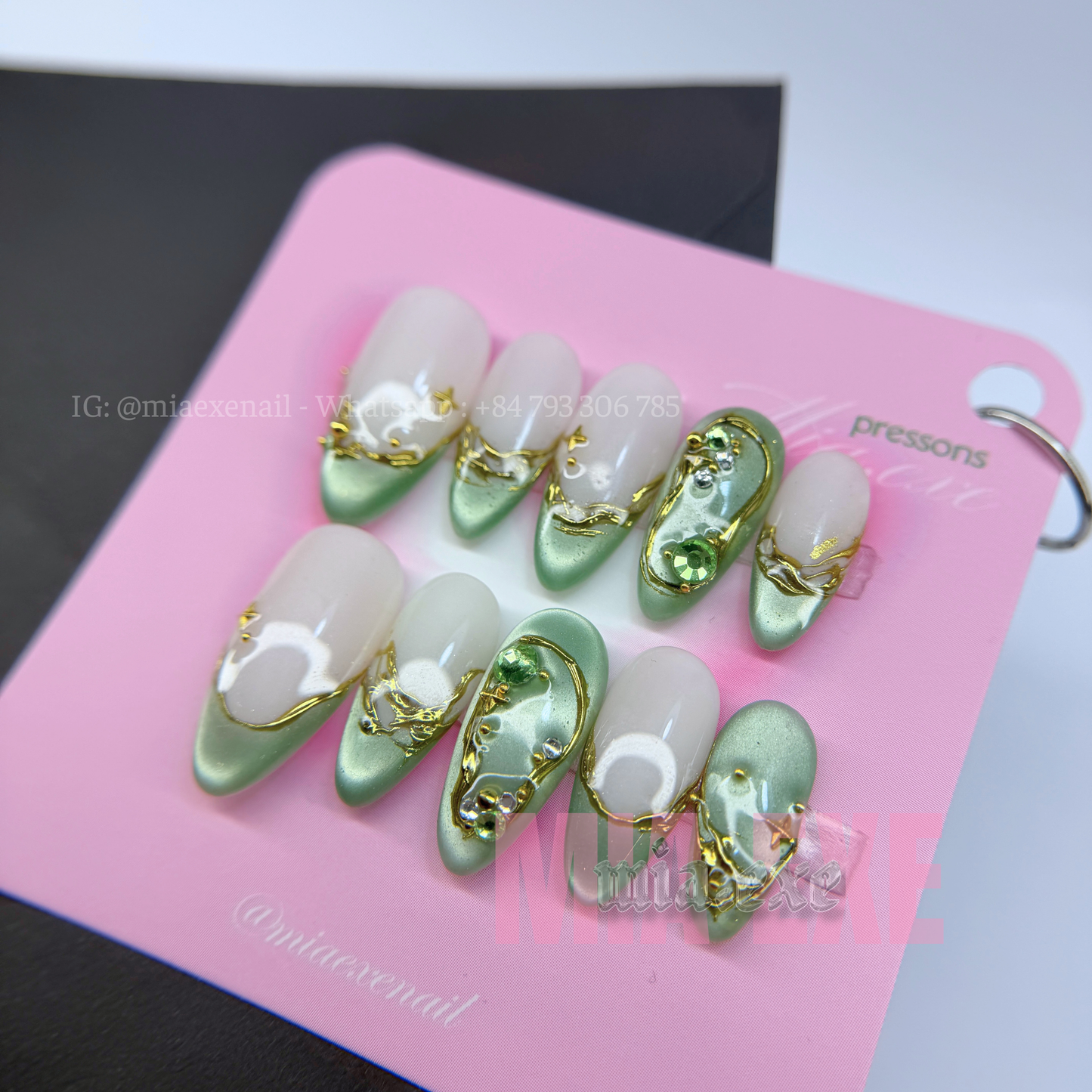 Press on Nails | Sage Green Cat Eye with Gold Swirl & Gem Accents, Daily Nail Style, Almond Shape, Medium Length Luxury Handmade Fake Nails