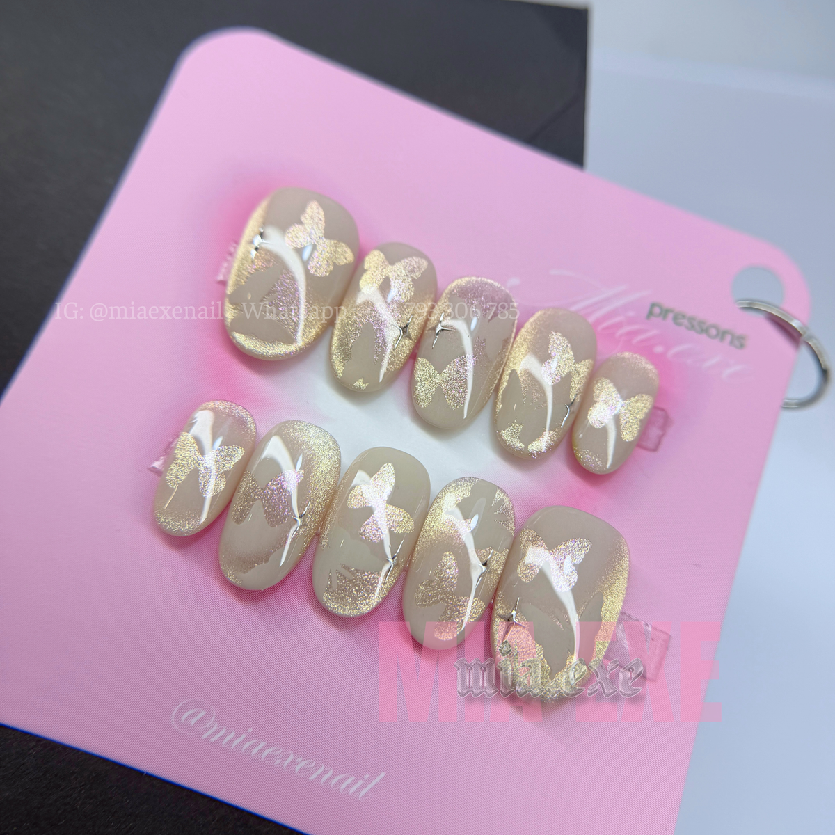 Press on Nails | Shimmering Cat Eye with Butterfly Accent, Daily Nail Style, Almond Shape, Medium Length Luxury Handmade Fake Nails