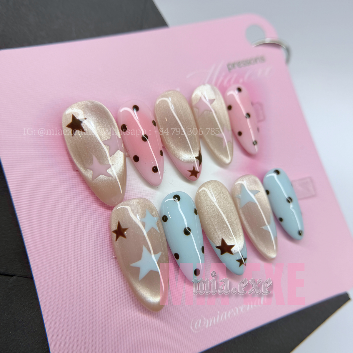 Press on Nails | Pastel & Cat Eye Mix with Star & Polka Dot Accents, Daily Nail Style, Almond Shape, Medium Length Luxury Handmade Fake Nails