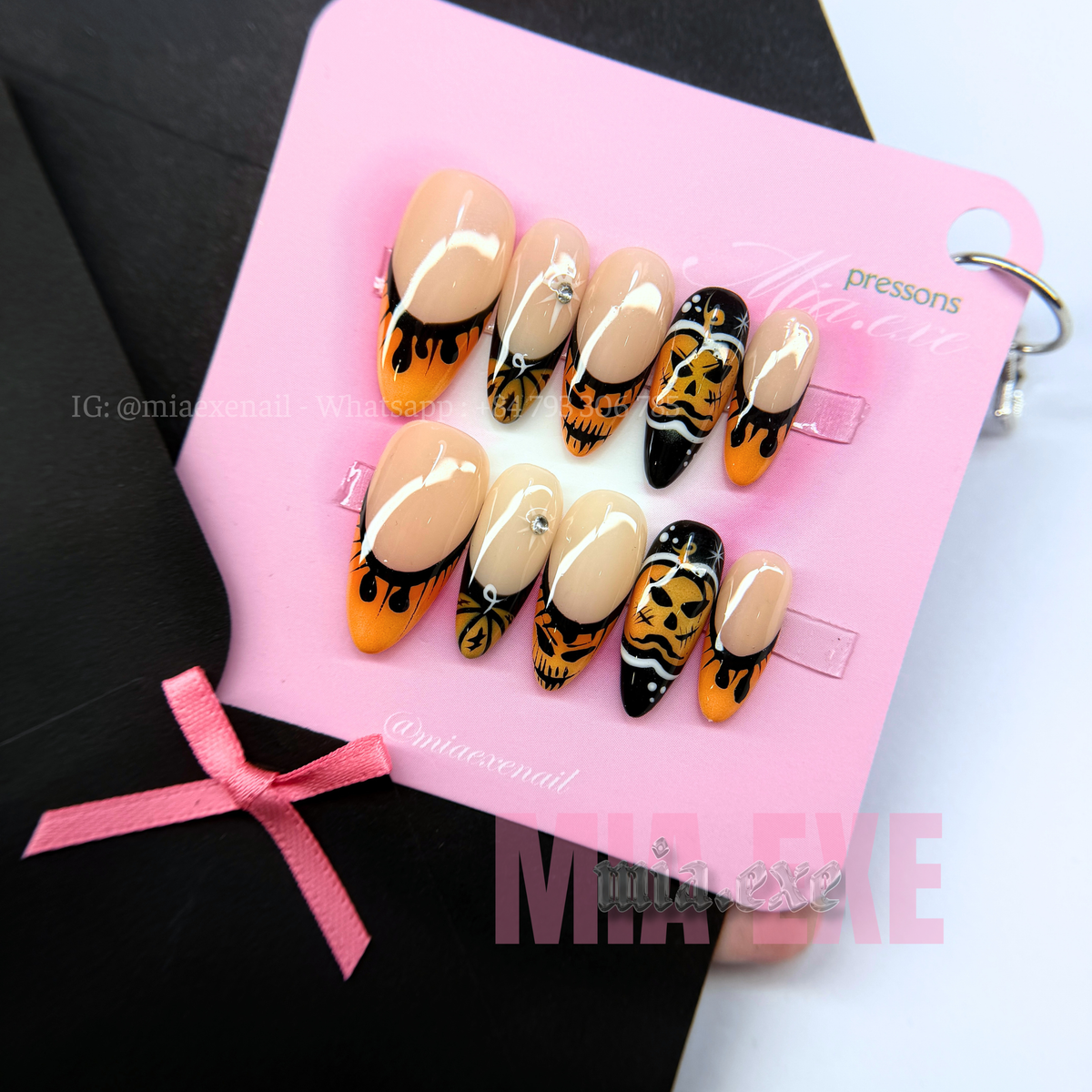Press on Nails | Spooky Halloween Ghostface & Spiderweb Art, Stiletto Shape, Medium Length Luxury Handmade Fake Nails