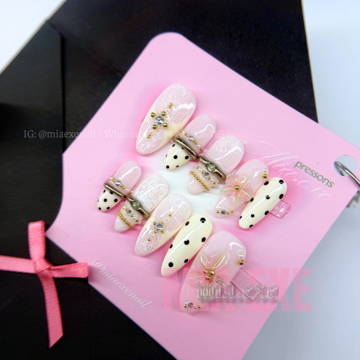 Press on Nails | White Lace Pattern with 3D Pink Bow & Pearl Accents, Daily Nail Style, Stiletto Shape, Medium Length Luxury Handmade Fake Nails