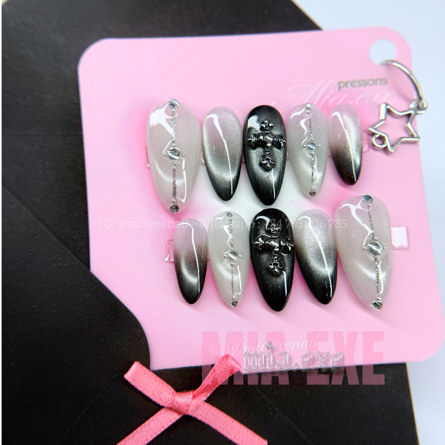 Press on Nails | Gothic Black & Silver Cat Eye with 3D Cross Charm, Almond Shape, Medium Length Luxury Handmade Fake Nails