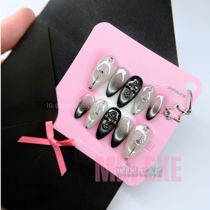 Press on Nails | Gothic Black & Silver Cat Eye with 3D Cross Charm, Almond Shape, Medium Length Luxury Handmade Fake Nails