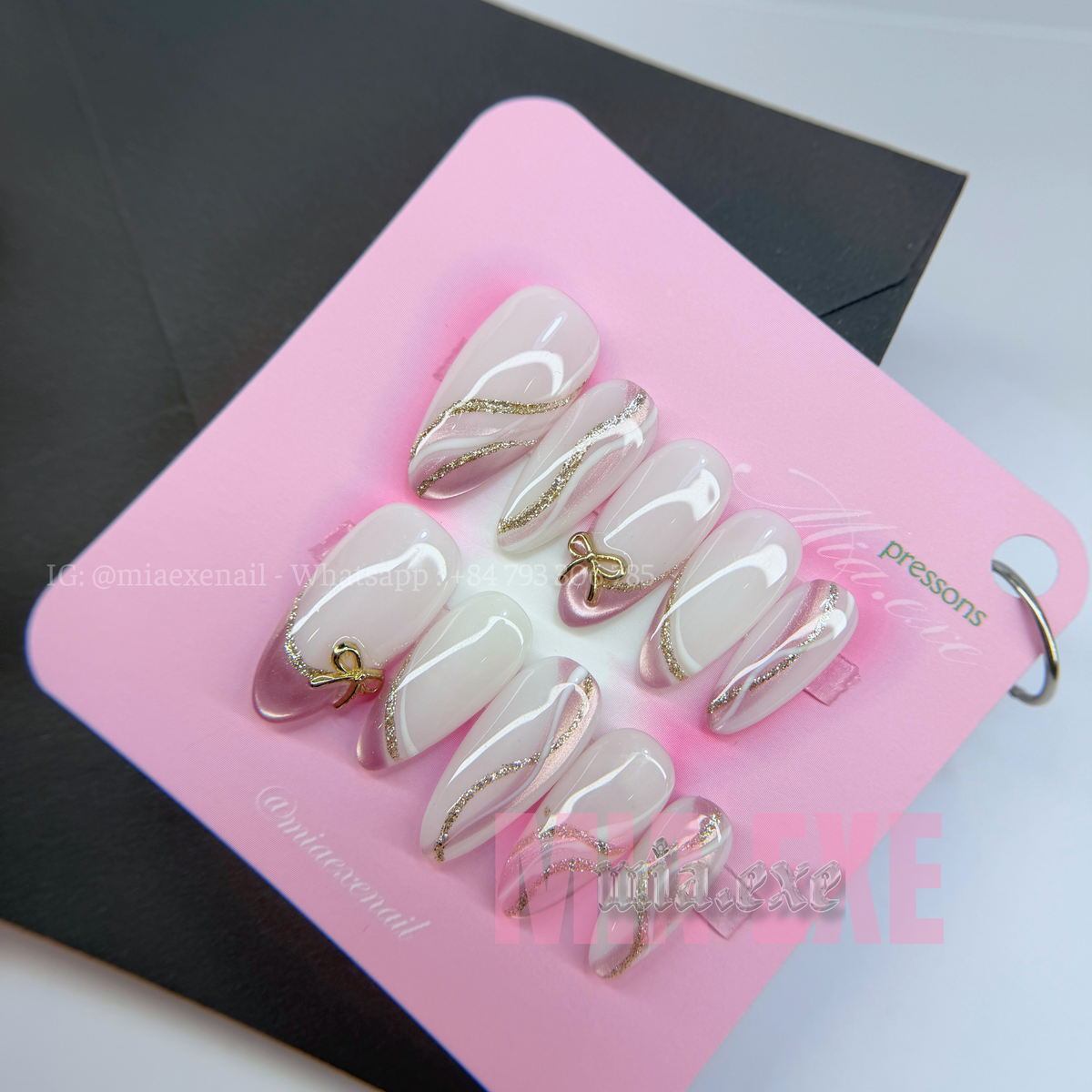 Press on Nails | Nude & Gold Glitter Swirl with Bow Charm, Daily Nail Style, Almond Shape, Medium Length Luxury Handmade Fake Nails
