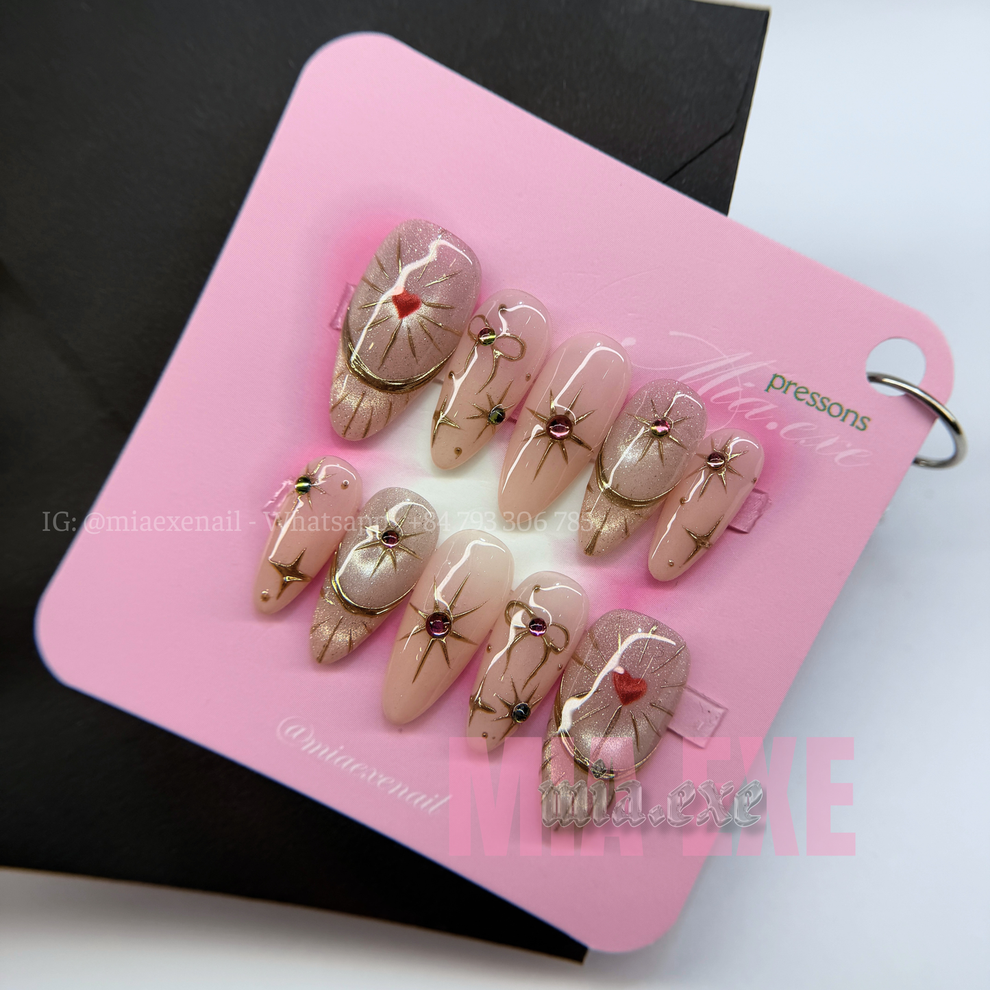 Press on Nails | Nude Cat Eye with Celestial Gold Star & Bow Accents, Daily Nail Style, Almond Shape, Medium Length Luxury Handmade Fake Nails