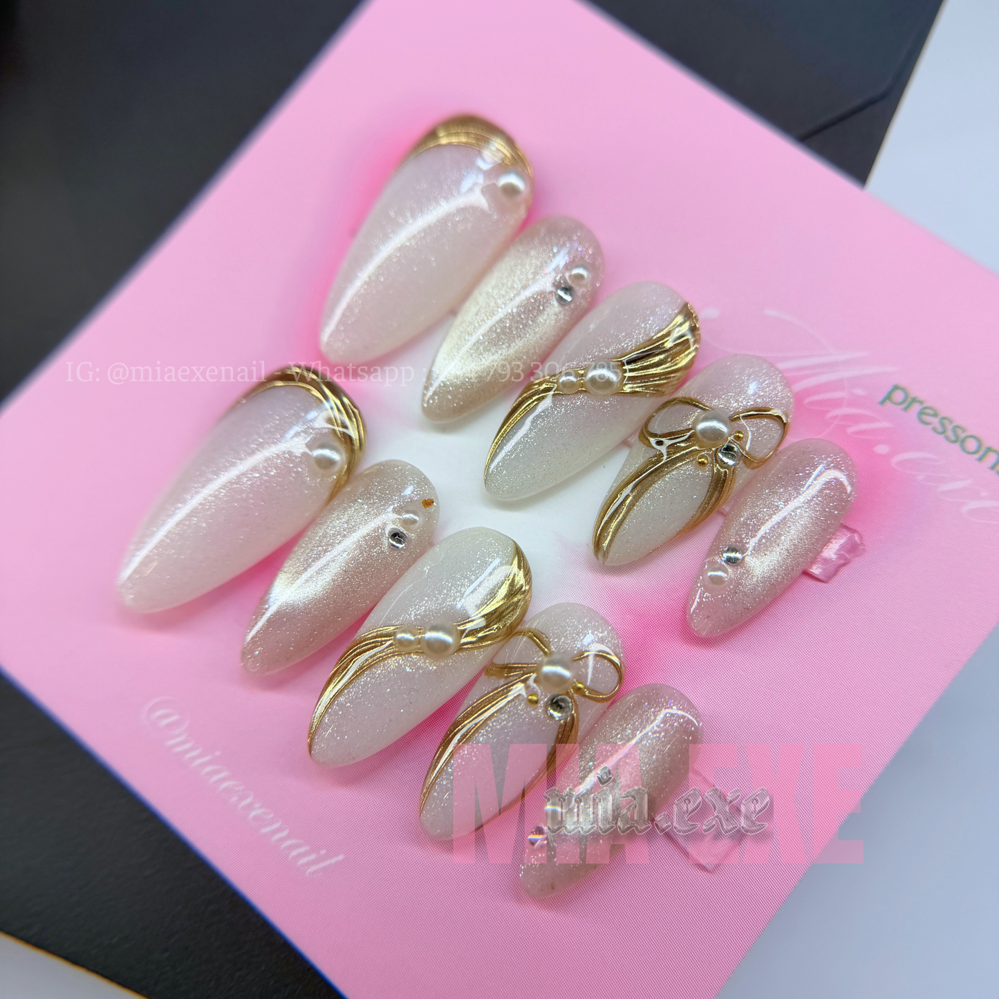 Press on Nails | Pearlescent Nude Cat Eye with Gold Swirl & Pearl Bow Accents, Daily Nail Style, Stiletto Shape, Medium Length Luxury Handmade Fake Nails