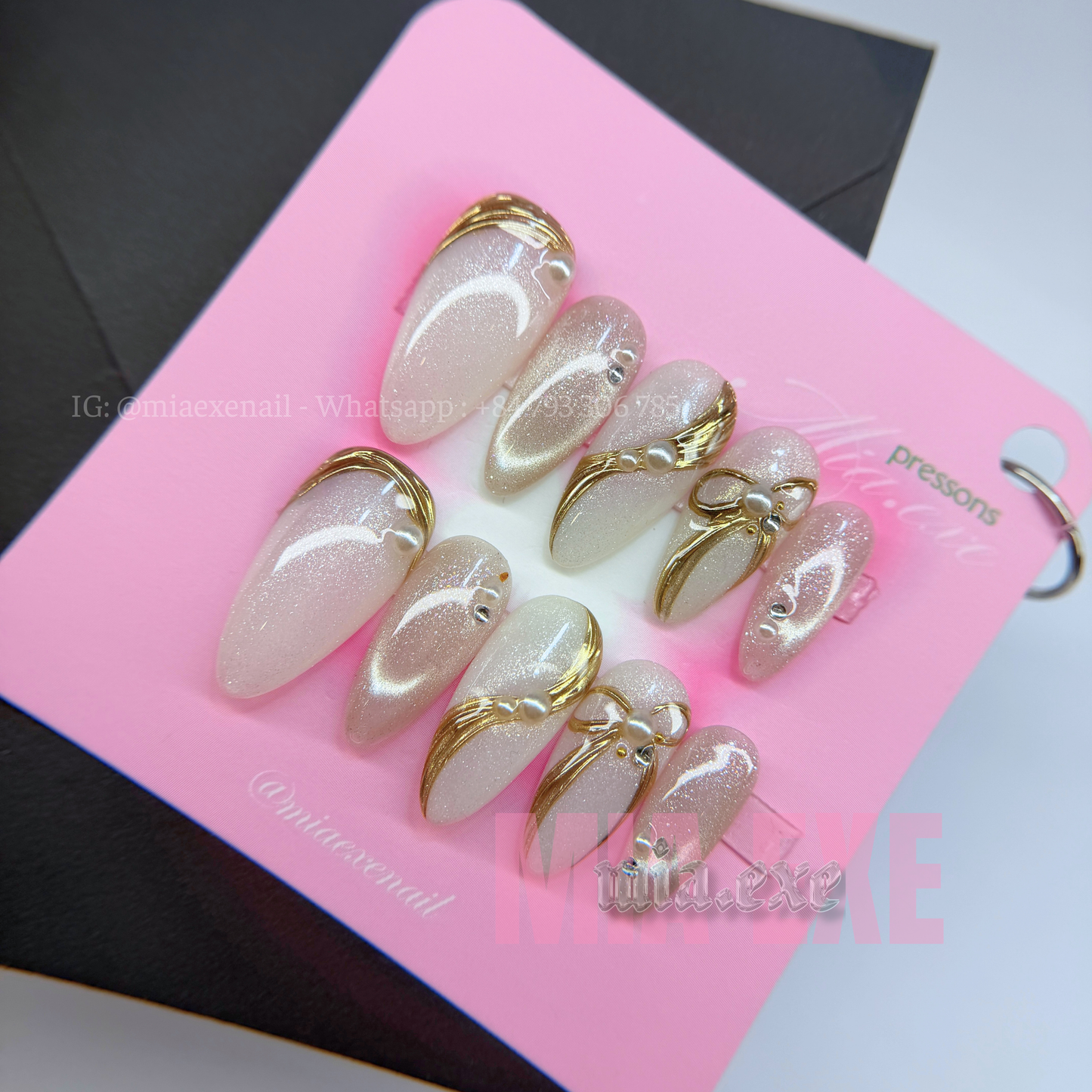 Press on Nails | Pearlescent Nude Cat Eye with Gold Swirl & Pearl Bow Accents, Daily Nail Style, Stiletto Shape, Medium Length Luxury Handmade Fake Nails