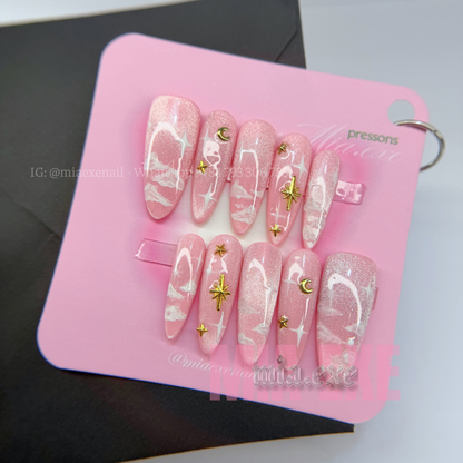 Press on Nails | Pink Cat Eye with Dreamy Clouds & Gold Star Accents, Daily Nail Style, Stiletto Shape, Medium Length Luxury Handmade Fake Nails