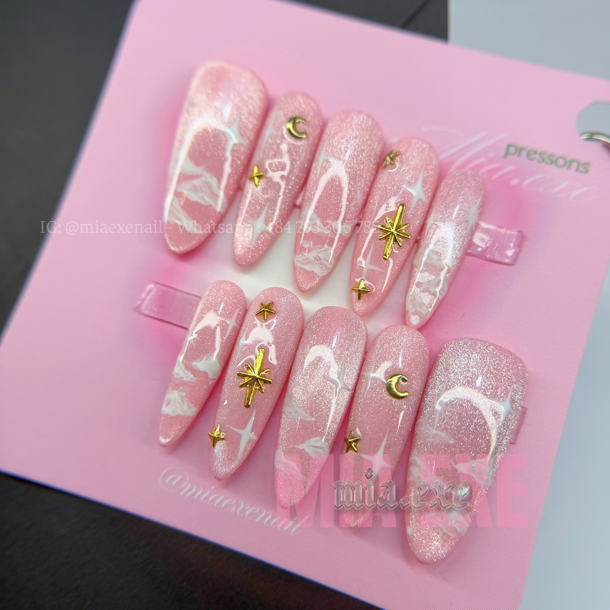 Press on Nails | Pink Cat Eye with Dreamy Clouds & Gold Star Accents, Daily Nail Style, Stiletto Shape, Medium Length Luxury Handmade Fake Nails