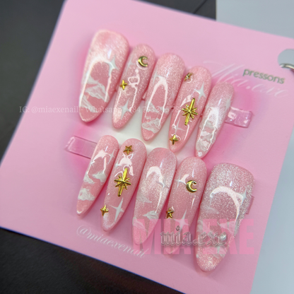 Press on Nails | Pink Cat Eye with Dreamy Clouds & Gold Star Accents, Daily Nail Style, Stiletto Shape, Medium Length Luxury Handmade Fake Nails