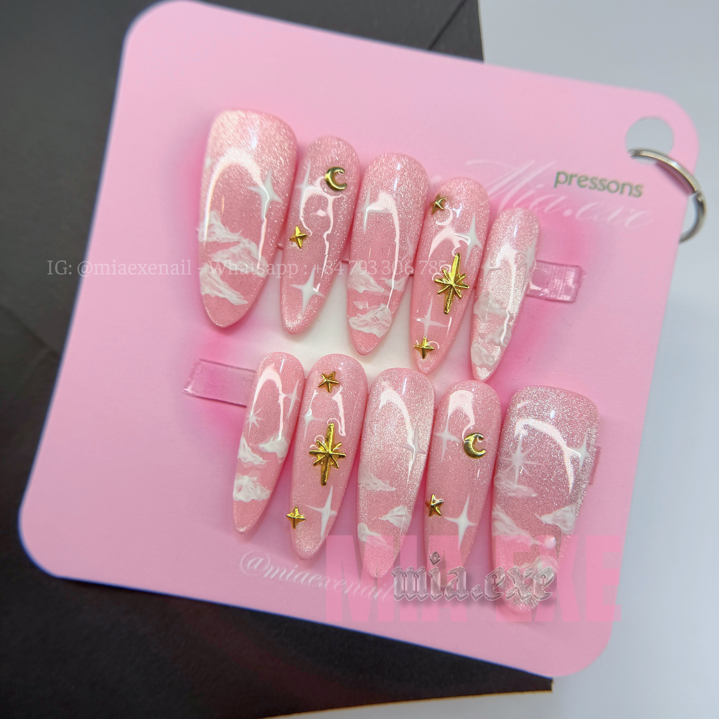 Press on Nails | Pink Cat Eye with Dreamy Clouds & Gold Star Accents, Daily Nail Style, Stiletto Shape, Medium Length Luxury Handmade Fake Nails