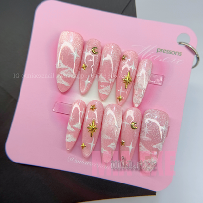 Press on Nails | Pink Cat Eye with Dreamy Clouds & Gold Star Accents, Daily Nail Style, Stiletto Shape, Medium Length Luxury Handmade Fake Nails