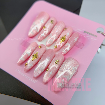 Press on Nails | Pink Cat Eye with Dreamy Clouds & Gold Star Accents, Daily Nail Style, Stiletto Shape, Medium Length Luxury Handmade Fake Nails