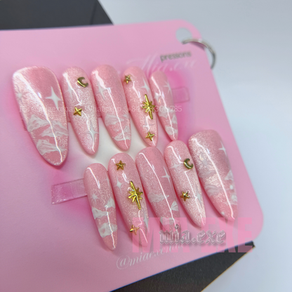 Press on Nails | Pink Cat Eye with Dreamy Clouds & Gold Star Accents, Daily Nail Style, Stiletto Shape, Medium Length Luxury Handmade Fake Nails