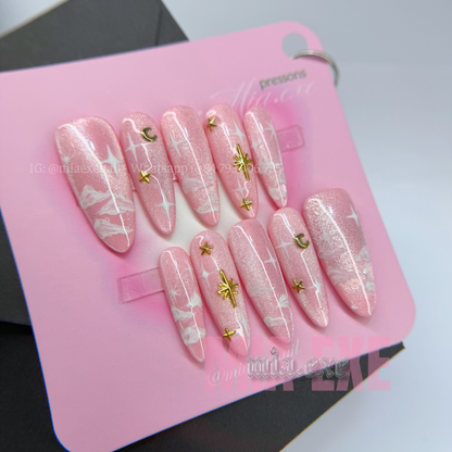 Press on Nails | Pink Cat Eye with Dreamy Clouds & Gold Star Accents, Daily Nail Style, Stiletto Shape, Medium Length Luxury Handmade Fake Nails