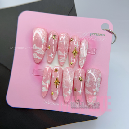 Press on Nails | Pink Cat Eye with Dreamy Clouds & Gold Star Accents, Daily Nail Style, Stiletto Shape, Medium Length Luxury Handmade Fake Nails