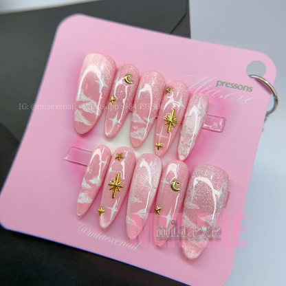 Press on Nails | Pink Cat Eye with Dreamy Clouds & Gold Star Accents, Daily Nail Style, Stiletto Shape, Medium Length Luxury Handmade Fake Nails