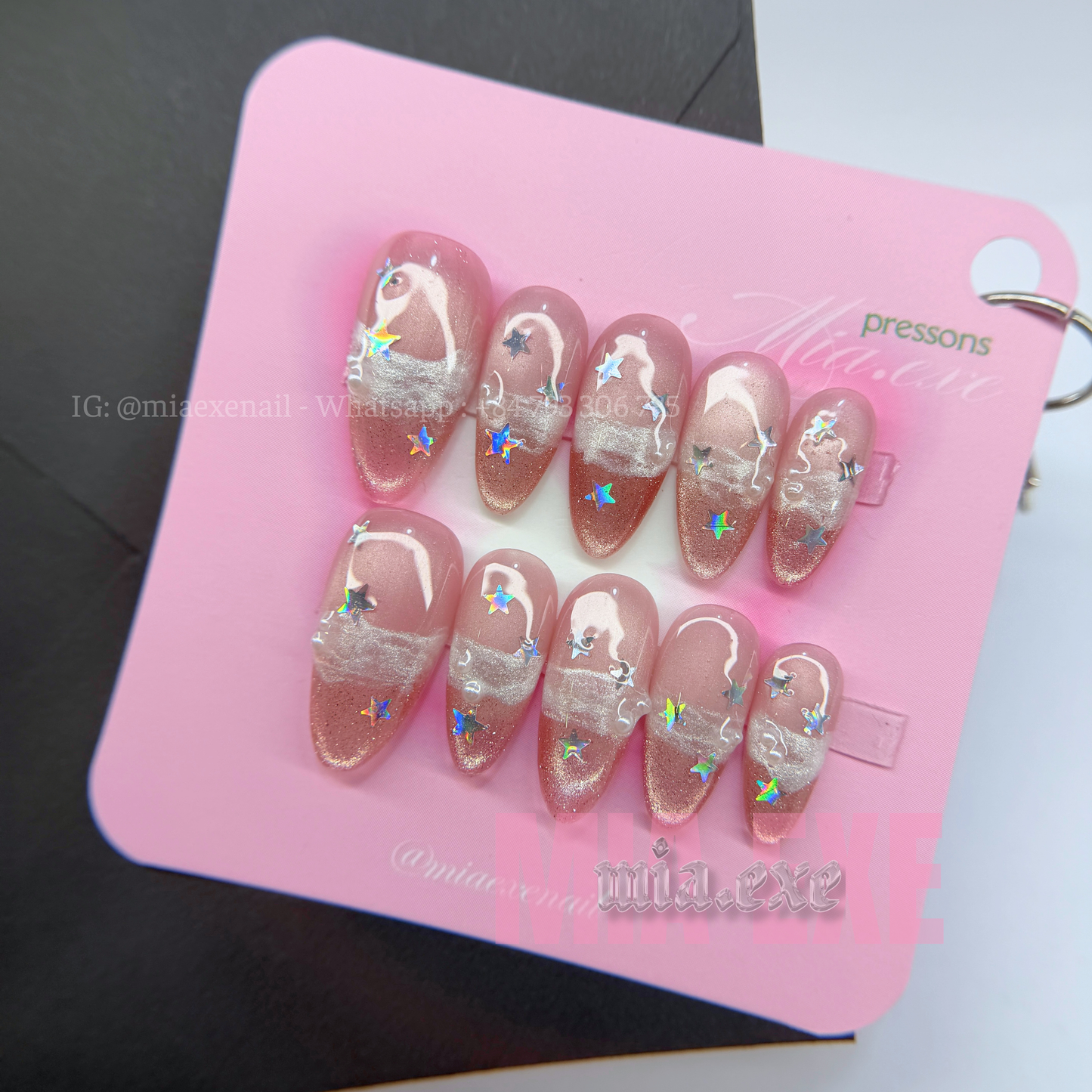 Press on Nails | Pink Cat Eye with Holographic Star Sparkles, Daily Nail Style, Almond Shape, Medium Length Luxury Handmade Fake Nails
