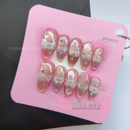 Press on Nails | Pink Cat Eye with Holographic Star Sparkles, Daily Nail Style, Almond Shape, Medium Length Luxury Handmade Fake Nails
