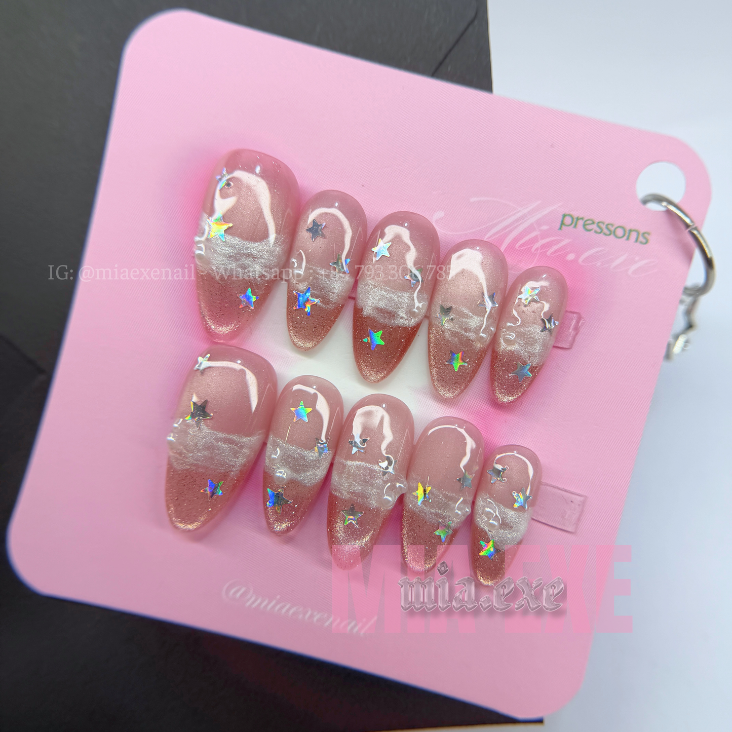 Press on Nails | Pink Cat Eye with Holographic Star Sparkles, Daily Nail Style, Almond Shape, Medium Length Luxury Handmade Fake Nails