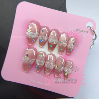 Press on Nails | Pink Cat Eye with Holographic Star Sparkles, Daily Nail Style, Almond Shape, Medium Length Luxury Handmade Fake Nails