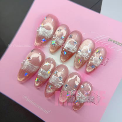 Press on Nails | Pink Cat Eye with Holographic Star Sparkles, Daily Nail Style, Almond Shape, Medium Length Luxury Handmade Fake Nails