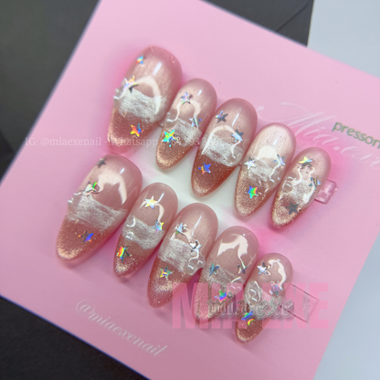 Press on Nails | Pink Cat Eye with Holographic Star Sparkles, Daily Nail Style, Almond Shape, Medium Length Luxury Handmade Fake Nails