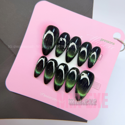 Press on Nails | Green & Black Cat Eye with Crescent Moon Arch, Daily Nail Style, Almond Shape, Medium Length Luxury Handmade Fake Nails