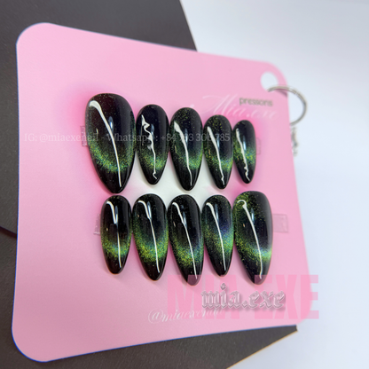 Press on Nails | Green & Black Cat Eye with Crescent Moon Arch, Daily Nail Style, Almond Shape, Medium Length Luxury Handmade Fake Nails