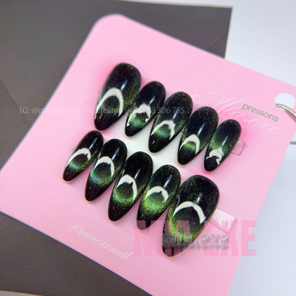 Press on Nails | Green & Black Cat Eye with Crescent Moon Arch, Daily Nail Style, Almond Shape, Medium Length Luxury Handmade Fake Nails