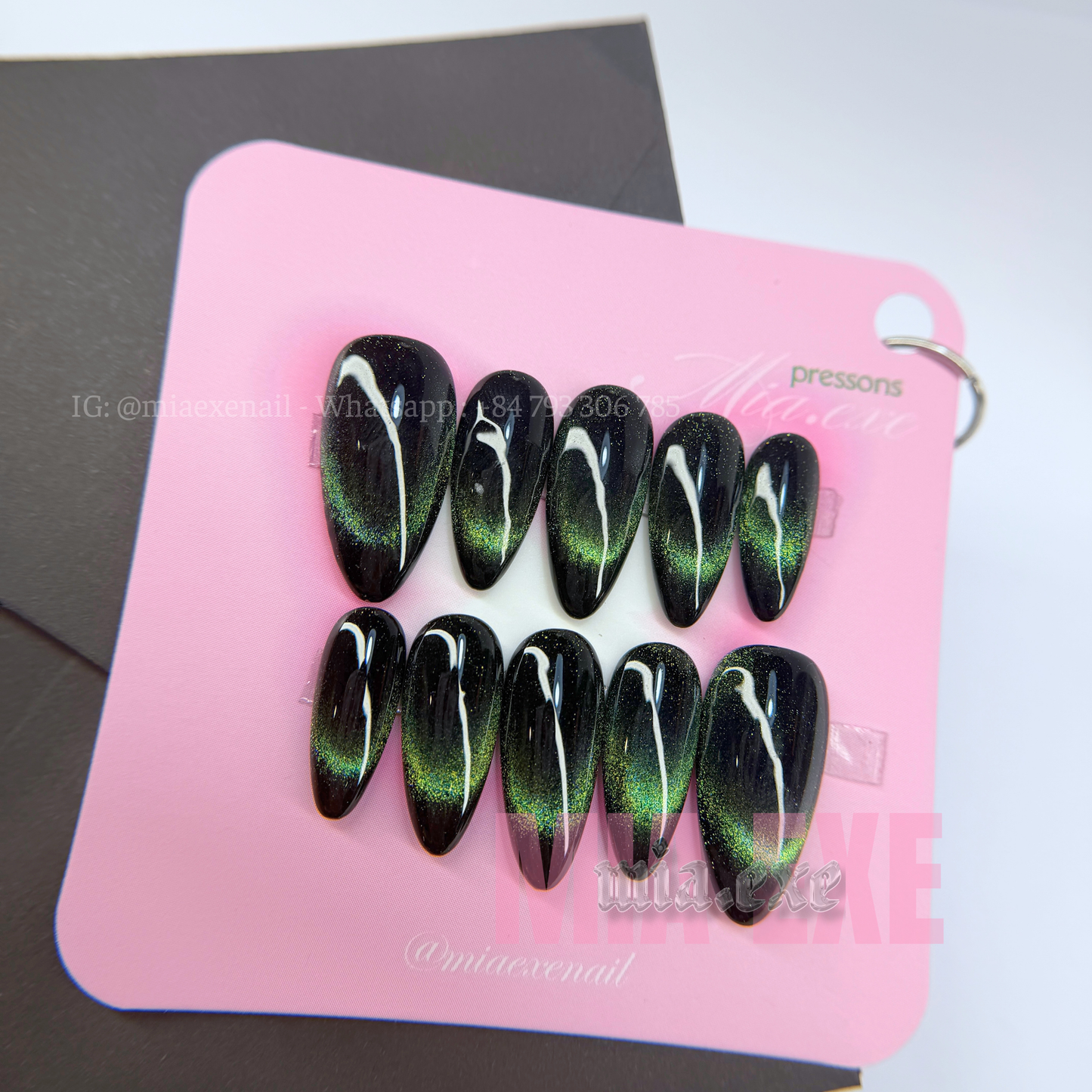 Press on Nails | Green & Black Cat Eye with Crescent Moon Arch, Daily Nail Style, Almond Shape, Medium Length Luxury Handmade Fake Nails