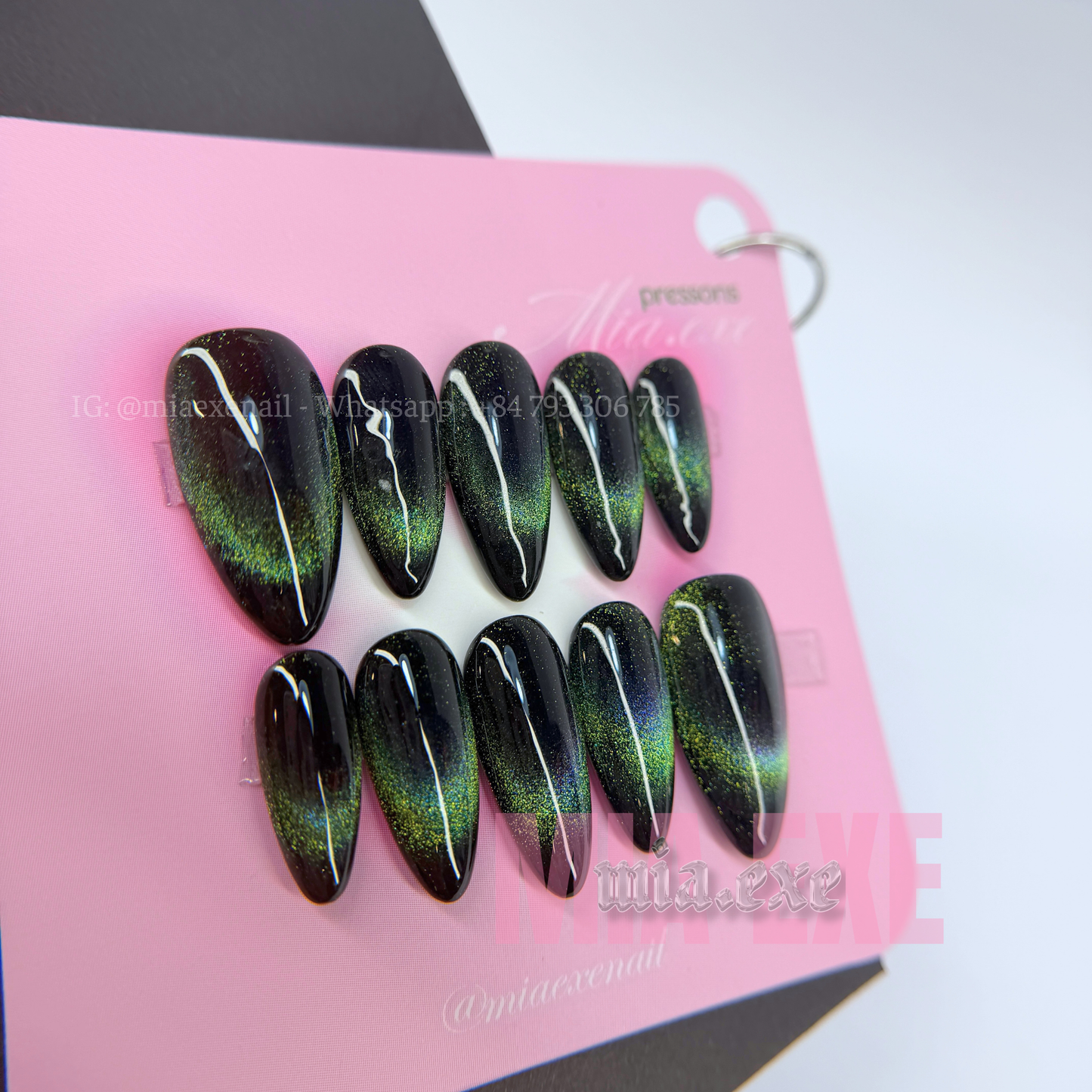 Press on Nails | Green & Black Cat Eye with Crescent Moon Arch, Daily Nail Style, Almond Shape, Medium Length Luxury Handmade Fake Nails