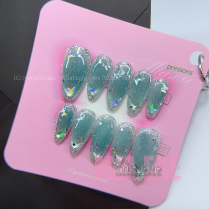 Press on Nails | Silver Cat Eye with Celestial Star Accents, Daily Nail Style, Almond Shape, Medium Length Luxury Handmade Fake Nails