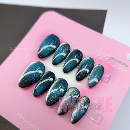 Press on Nails | Teal & Dark Blue Cat Eye with Glowing Arch Line, Daily Nail Style, Almond Shape, Medium Length Luxury Handmade Fake Nails
