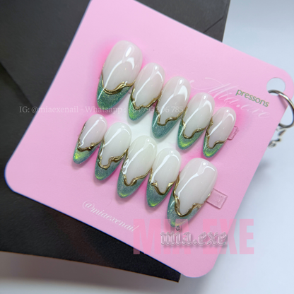 Press on Nails | Sage Green Cat Eye French with Gold Swirl Lines, Daily Nail Style, Almond Shape, Medium Length Luxury Handmade Fake Nails