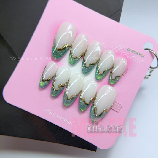 Press on Nails | Sage Green Cat Eye French with Gold Swirl Lines, Daily Nail Style, Almond Shape, Medium Length Luxury Handmade Fake Nails