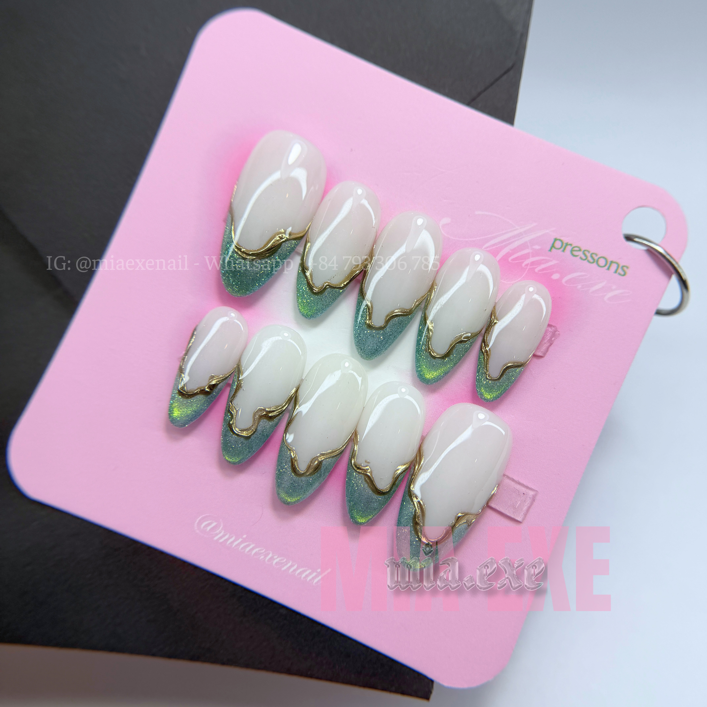 Press on Nails | Sage Green Cat Eye French with Gold Swirl Lines, Daily Nail Style, Almond Shape, Medium Length Luxury Handmade Fake Nails
