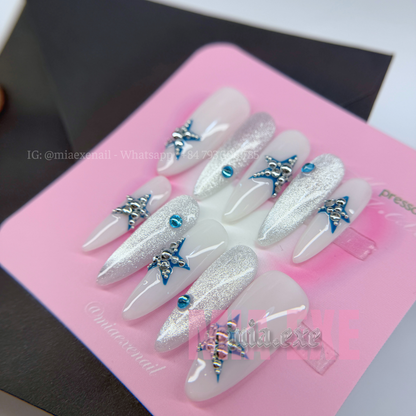 Press on Nails | Silver Cat Eye with 3D Star & Bead Accents, Daily Nail Style, Almond Shape, Medium Length Luxury Handmade Fake Nails