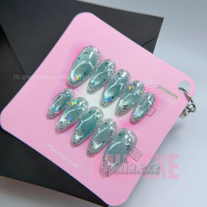 Press on Nails | Silver Cat Eye with Celestial Star Accents, Daily Nail Style, Almond Shape, Medium Length Luxury Handmade Fake Nails