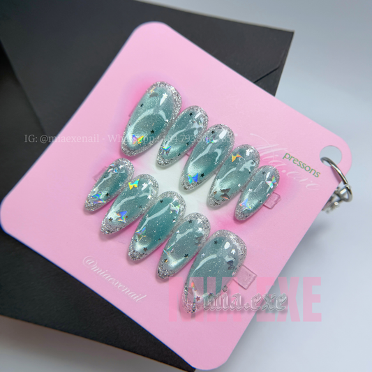 Press on Nails | Silver Cat Eye with Celestial Star Accents, Daily Nail Style, Almond Shape, Medium Length Luxury Handmade Fake Nails