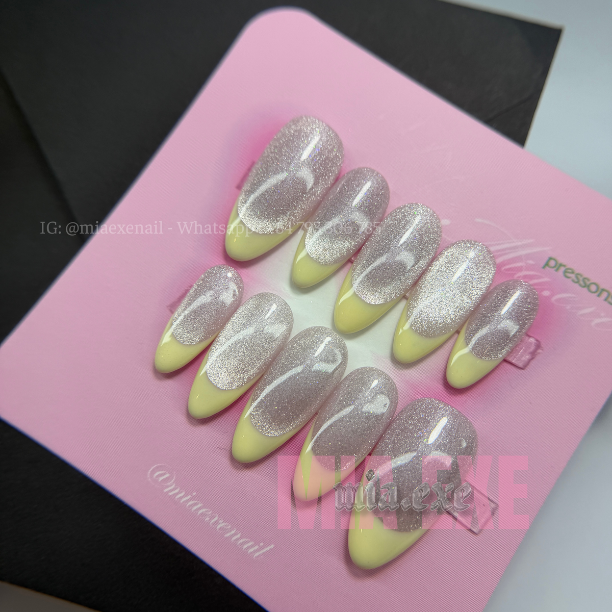 Press on Nails | Pastel Yellow Cat Eye French Tip, Daily Nail Style, Almond Shape, Medium Length Luxury Handmade Fake Nails