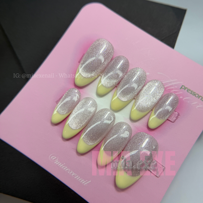 Press on Nails | Pastel Yellow Cat Eye French Tip, Daily Nail Style, Almond Shape, Medium Length Luxury Handmade Fake Nails