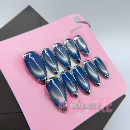 Press on Nails | Blue Cat Eye with Chrome Frame Tip, Daily Nail Style, Almond Shape, Medium Length Luxury Handmade Fake Nails