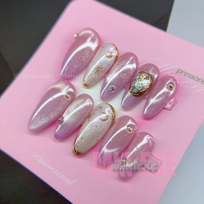 Press on Nails | Pink & Purple Cat Eye with Crystal Gem & Star Accents, Daily Nail Style, Stiletto Shape, Medium Length Luxury Handmade Fake Nails
