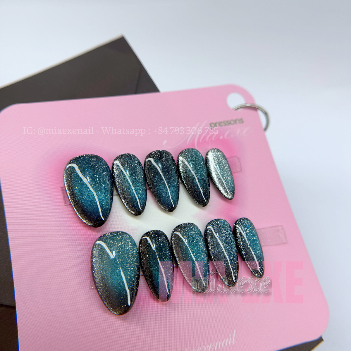Press on Nails | Teal & Dark Blue Cat Eye with Glowing Arch Line, Daily Nail Style, Almond Shape, Medium Length Luxury Handmade Fake Nails