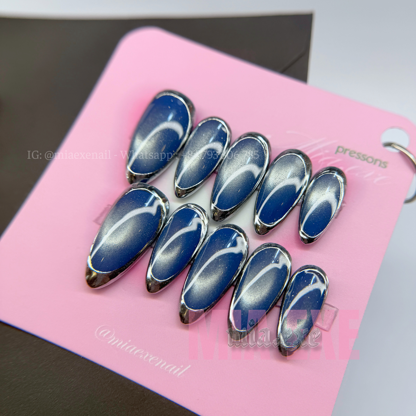 Press on Nails | Blue Cat Eye with Chrome Frame Tip, Daily Nail Style, Almond Shape, Medium Length Luxury Handmade Fake Nails