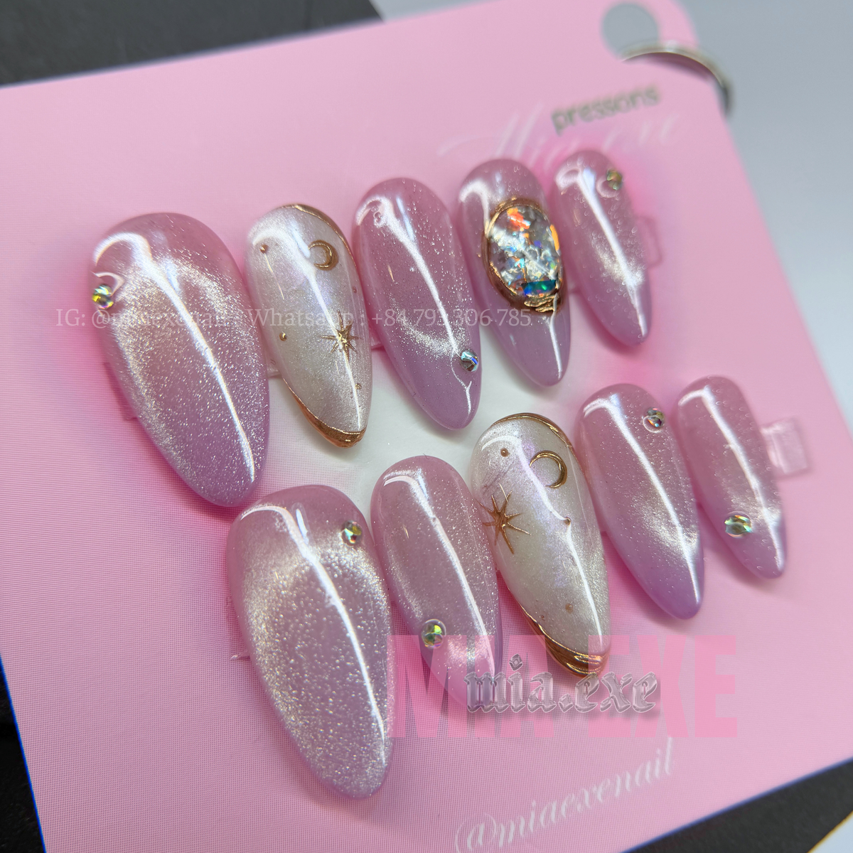 Press on Nails | Pink & Purple Cat Eye with Crystal Gem & Star Accents, Daily Nail Style, Stiletto Shape, Medium Length Luxury Handmade Fake Nails